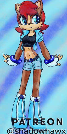 anthro bottomwear breasts clothed clothing female footwear jacket shirt shoes shorts smile solo standing tank_top topwear shadowhawx95 sega sonic_the_hedgehog_(series) sally_acorn chipmunk ground_squirrel mammal rodent sciurid hi_res