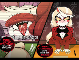 5_fingers anthro balls big_balls big_breasts big_penis black_bow_tie black_nose blush bodily_fluids bow_tie breasts bulge clothing cum cum_drip cum_on_tongue dialogue dripping erection erection_under_clothing faceless_character faceless_humanoid faceless_male femboy fingers frown fur gangbang genital_fluids genitals glans gold_(metal) gold_tooth grey_penis group group_sex gynomorph hair heart_symbol huge_penis humanoid_genitalia humanoid_hands humanoid_on_anthro humanoid_penis intersex looking_pleasured male male/male penis penis_on_face pink_body pink_fur pink_hair pink_penis pink_spots profanity purple_balls purple_penis red_balls red_body red_cheeks red_clothing red_eyes red_glans red_penis red_skin red_suit sex shaking shirt smile smirk speech_bubble spots suit text tongue topwear trembling white_body white_clothing white_fur white_hair white_shirt white_skin white_topwear yellow_sclera lordfink can't_see_the_haters hazbin_hotel hellaverse angel_dust charlie_morningstar arachnid arthropod demon humanoid spider 2026 absurd_res comic english_text hi_res meme