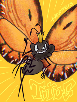 3_fingers 4_legs ambiguous_gender antennae_(anatomy) anthro black_antennae black_body crown evil_grin eyespots fingers flying gold_crown grin headgear insect_wings markings narrowed_eyes nude orange_wings simple_background smile solo spread_wings teeth text toothy_grin wings yellow_background rayeenb0w disney hoppers_(disney) pixar titus_(hoppers) arthropod butterfly insect lepidopteran monarch_butterfly 2026 character_name copyright_name digital_media_(artwork) english_text hi_res japanese_description translated_description