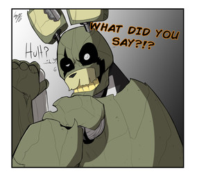 4_fingers anthro black_nose border confusion dialogue fingers gradient_background green_body grey_background grey_sclera long_ears looking_at_viewer machine male male_anthro multicolored_body no_eyebrows offscreen_character question_mark simple_background solo talking_to_another teeth text torn_ear white_background white_border white_eyes yellow_teeth loganpg3 five_nights_at_freddy's five_nights_at_freddy's_3 scottgames springtrap_(fnaf) animatronic lagomorph leporid mammal rabbit robot 2025 bust_portrait colored digital_drawing_(artwork) digital_media_(artwork) english_description english_text hi_res portrait shaded signature