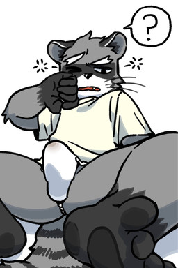 annoyed anthro asian_clothing barefoot clothing east_asian_clothing fangs feet fundoshi fur grey_body grey_fur japanese_clothing looking_at_viewer male one_eye_closed one_eye_half-closed open_mouth pawpads question_mark rokushaku_fundoshi shirt sitting solo spread_legs spreading tail teeth tenting topwear underwear waking_up white_body white_clothing white_fundoshi white_fur white_shirt white_topwear white_underwear meogi mammal procyonid raccoon 2024 hi_res korean_description