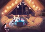 anthro bed bedroom biped black_hair black_nose book clothed clothed_anthro clothed_female clothing collar computer container cup detailed_background duo ear_piercing electronics female fur furniture garland grey_body grey_fur grey_hair hair inside laptop looking_at_screen lying mug multicolored_body multicolored_fur night on_front piercing pillow red_sclera shelf spiked_collar spikes two_tone_body two_tone_fur two_tone_tail under_covers white_body white_fur akrost helluva_boss mythology loona_(helluva_boss) octavia_(helluva_boss) avian avian_demon bird bird_demon canid canid_demon canine demon hellhound mammal mythological_canine mythological_creature owl owl_demon hi_res
