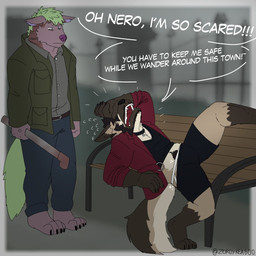 anthro beard bench blue_body blue_fur body_hair bottomwear brown_body brown_fur choker clothing collar cosplay costume dialogue duo facial_hair frustrated fur green_body green_fur grey_body grey_fur happy_trail jewelry jockstrap male mustache necklace outside pubes shorts speech_bubble spreading stripes tan_body tan_fur text underwear zordykeaboo jaden_black nero_valzer canid canine canis domestic_dog german_shepherd herding_dog hybrid hyena mammal pastoral_dog striped_hyena wolf 1:1 english_text hi_res