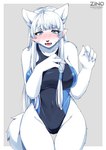 4_fingers accessory anthro arm_tuft big_breasts blue_eyes blush breasts clothing eyebrow_through_hair eyebrows eyelashes female fingers fur hair hair_accessory hair_wraps kemono one-piece_swimsuit open_mouth shoulder_tuft solo swimwear thigh_gap translucent translucent_hair tuft white_body white_fur white_hair wolfox004 canid canine canis mammal 2024 hi_res