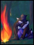 anthro black_border border campfire cloak clothing cold cuddling duo forest male plant tree foxinajacket kiba_kurokage mauro_(aquaunga) canid canine canis mammal wolf hi_res