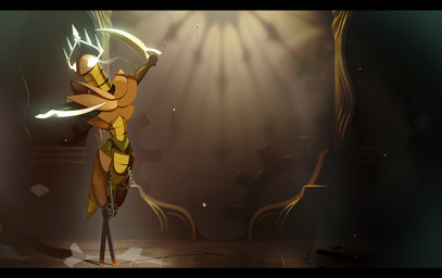 ambiguous_anthro ambiguous_gender anthro arm_blade arthropod_abdomen biped clockwork detailed_background empty_eyes gear glowing glowing_eyes green_body grey_body light machine metallic_body multicolored_body orange_body pose solo sparks standing white_body white_eyes yellow_body combos-n-doodles hollow_knight:_silksong hollow_knight_(franchise) team_cherry cogwork_dancer arthropod automaton insect robot robot_anthro 2025 absurd_res hi_res letterbox lighting shaded