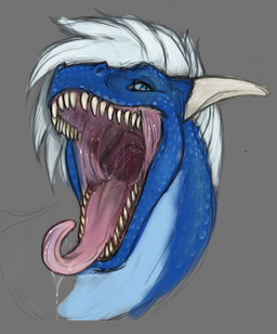 blue_body blue_eyes blue_scales blue_sclera bodily_fluids detailed_mouth feral gaping_mouth grey_background hair horn long_neck looking_at_viewer mouth_shot narrowed_eyes open_mouth saliva saliva_on_tongue saliva_string scales sharp_teeth simple_background solo teeth tongue tongue_out unsigned white_hair white_horn acidic mythology dragon mythological_creature mythological_scalie scalie hi_res