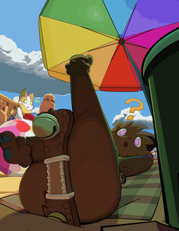 ambiguous_gender anthro ball beach beach_ball butt butt_focus duo inflatable looking_at_viewer lying on_back sand_castle sculpture surprised umbrella jaylus_t_meowstic nintendo pokemon generation_5_pokemon generation_8_pokemon lillipup pokemon_(species) yamper absurd_res hi_res