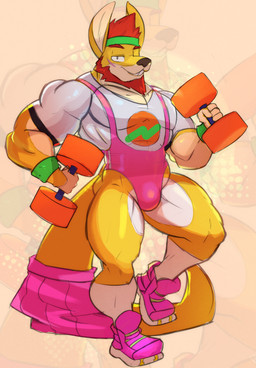 accessory aerobics anthro beard clothing dancing exercise facial_hair footwear furgonomics hair headband highleg highleg_leotard leotard male muscular muscular_male muscular_thighs orange_hair pink_clothing pink_leotard scar shirt shoes smile sneakers socks solo striped_leotard suspender_leotard sweatband tail tail_clothing tail_warmer thong_leotard topwear weights workout workout_gear saltyseaskunk james_(saltyseaskunk) kangaroo macropod mammal marsupial absurd_res hi_res
