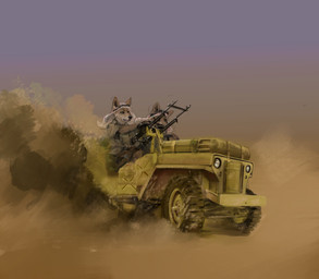 ambiguous_gender anthro clothing desert driving duo dust_cloud looking_ahead male military_uniform military_vehicle mounted_gun steering_wheel uniform banoncat canid canine canis dingo mammal 2023 hi_res