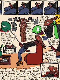 anthro anthro_on_feral balls being_watched bestiality black_clothing black_sweater black_topwear blue_bottomwear blue_clothing blue_pants blush bodily_fluids body_writing bottomwear brown_body brown_fur clothing cum cum_on_clothing cum_sharking cumshot ejaculation embarrassed fantasizing feral fur genital_fluids genitals group humiliation humiliation_fetish licking looking_at_another male masturbation neck_tuft oral pants penile penile_masturbation penis penis_lick questionable_consent sex sitting standing sweater text tongue topwear tuft qwaxi~lixard broccoli_gardener_(qwaxi~lixard) greenbean_gardener_(qwaxi~lixard) canid canine canis domestic_dog lagomorph leporid mammal rabbit reptile scalie snake 2026 3:4 colored comic english_text flat_colors