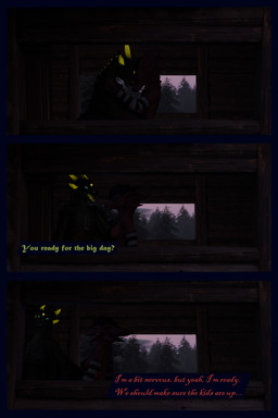 anthro arm_warmers armwear bra building cabin clothing cloud dialogue female forest fur green_body horn house hug hugging_another husband_and_wife male married_couple open_mouth plant red_body red_fur romantic romantic_couple sky teal_eyes touching_head tree underwear window wings flauntingfornication european_mythology mythology dragon mythological_creature mythological_scalie origin_species scalie western_dragon wyvern 2:3 3d_(artwork) absurd_res comic digital_media_(artwork) hi_res