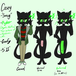 anthro big_penis black_body black_fur eyewear fur genitals glasses glowing glowing_genitalia green_eyes green_eyewear green_glasses huge_penis male penis psychic psychic_powers solo noahghostfac3 casey_(noah_ghostfac3) felid feline mammal 1:1 absurd_res hi_res model_sheet