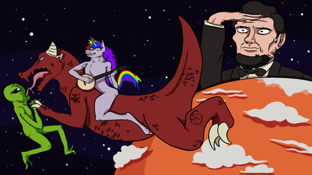 ambiguous_gender anthro banjo_(instrument) black_eyes black_hair blonde_hair blue_hair bodily_fluids bow_(feature) bow_tie claws clothed clothing cloud female female/female french_kissing fur gesture green_hair group hair horn kissing male mars_(planet) multicolored_hair musical_instrument nude plucked_string_instrument purple_body purple_fur purple_hair rainbow_hair red_body red_hair red_scales saliva salute scales space star string_instrument tail tongue tongue_out what strawberryseal mythology vinesauce abraham_lincoln alien dragon equid equine horse human mammal mythological_creature mythological_equine mythological_scalie scalie unicorn 16:9 digital_drawing_(artwork) digital_media_(artwork) hi_res widescreen