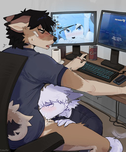 anthro bodily_fluids computer cum cum_in_mouth cum_inside duo ejaculation electronics fellatio furniture gaming genital_fluids male male/male oral penile sex table under_table plaguerat gustav(plaguerat) kevin(plaguerat) arctic_fox canid canine canis domestic_dog fox mammal shiba_inu spitz true_fox absurd_res hi_res