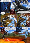 2015 absurd_res anthro blue_sky brianna_(kitfox-crimson) brown_body brown_fur cloud clover_(kitfox-crimson) colored comic dasyuromorph day dialogue dialogue_box english_text eyes_closed female fight fur group hi_res in_our_shadow jayrunner_(kitfox-crimson) kick kitfox-crimson lemur machine male mammal marsupial mecha murid murine numbat outside plant primate rat red_eyes rodent sky speech_bubble strepsirrhine text tree trio weapon white_body white_fur