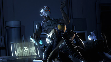 3_fingers armor dominant dominant_female duo female fingers headgear helmet leg_wrap legs_around_head looking_at_viewer male nude weapon anthropsychocratis bioware electronic_arts mass_effect alien quarian turian 16:9 3d_(artwork) digital_media_(artwork) hi_res widescreen