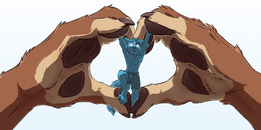 ambiguous_gender anthro blue_body blue_fur brown_body brown_fur duo extreme_size_difference fur heart_symbol holding_character holding_micro larger_ambiguous male micro micro_in_hand size_difference smaller_male tirrel canid canine canis mammal wolf
