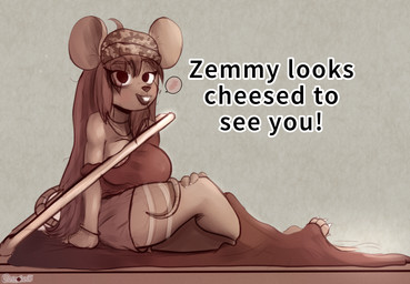 anthro areola areola_slip bangs big_breasts bracelet breast_squish breasts buckteeth claws clothing collarbone female finger_claws hair hat headgear headwear jewelry long_hair looking_at_viewer markings mouse_ears mouse_tail mouse_trap necklace nipple_outline open_mouth size_difference smaller_female solo squish teeth thick_thighs toe_claws trap_(contrivance) cosmonaut zemmy_(cosmonaut) mammal mouse murid murine rodent