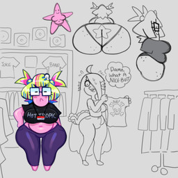 anthro bangs big_breasts big_butt bottomwear breasts buckteeth butt cartoon_freckles clothing clothing_store duo ear_fins eyewear female female/female fin freckled_butt freckled_legs freckled_thighs freckles glasses hair hair_over_eye huge_breasts huge_butt inner_thoughts long_hair overweight pants shirt slightly_chubby slightly_chubby_anthro slightly_chubby_female small_breasts store t-shirt teeth text topwear twintails_(hairstyle) wearing_glasses somescrub hot_topic nickelodeon spongebob_squarepants eelie_applebottom fan_character penny_softbody aquatic asterozoan echinoderm eel fish starfish 1:1 absurd_res english_text hi_res model_sheet sketch