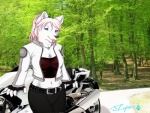 anthro blue_eyes clothed clothing detailed_background female forest fur gloves hair handwear inner_ear_fluff jewelry looking_at_viewer motorcycle nature necklace outside pink_hair plant solo tongue tree tuft vehicle wood skyler-ragnarok talya canid canine canis mammal wolf 2009