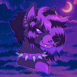 anthro black_body black_fur black_hair black_nose blue_sky cloud collar crescent_moon fangs female female_anthro fur glowing_moon hair half-closed_eyes heart_(marking) light looking_at_viewer markings moon multicolored_hair narrowed_eyes night pupils purple_body purple_collar purple_eyes purple_fur purple_hair purple_inner_ear short_hair sky smile smiling_at_viewer solo spiked_collar spikes star starry_sky teeth text two_tone_hair whisker_spots white_pupils chotpot blaine_klutchko felid feline mammal 1:1 2023 artist_name bust_portrait colored dated digital_drawing_(artwork) digital_media_(artwork) english_description lighting portrait shaded