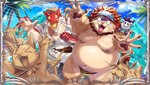 beach belly big_belly biped bodily_fluids brown_body clothing crying detailed_background duo group humanoid_hands male mature_male moobs navel nipples outside overweight overweight_male palm_tree plant red_body seaside shirt swimwear tears topwear tree water sumiwohakuneko lifewonders tokyo_afterschool_summoners itzamna_(tas) vapula_(tas) felid iguana iguanid lion lizard mammal pantherine reptile scalie absurd_res hi_res official_art