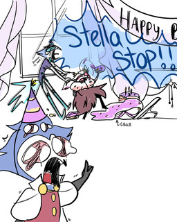 anthro banner birthday birthday_cake birthday_party blue_eyes blue_hair bodily_fluids cake clothing crying dessert dress female food formal_clothing formal_wear fur grey_body grey_fur grey_hair group hair hat headgear headwear long_hair male party_hat pink_eyes ponytail red_eyes short_hair simple_background tears trio white_background white_body white_face white_fur white_hair window msdulce24 hellaverse helluva_boss andrealphus_(helluva_boss) stella_(helluva_boss) stolas_(helluva_boss) avian bird owl owl_demon 4:5 absurd_res hi_res brother_(lore) brother_and_sister_(lore) sibling_(lore) sister_(lore)