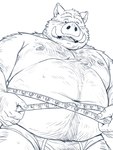 anthro belly big_belly bodily_fluids chubby_cheeks clothed clothing fingernails hairy_male holding_measuring_tape holding_object humanoid_hands kemono male moobs nails navel nipples number open_mouth overweight overweight_male sharp_teeth simple_background solo sweat tape_measure teeth teeth_showing tongue_showing underwear underwear_only white_background huynhduyad14 mammal suid suina sus_(pig) wild_boar 2022 black_and_white hi_res monochrome