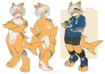 anthro clothed clothing countershade_torso countershading crossed_arms eyebrows fin hair male solo tail tail_fin yellow_body milkybot fish marine shark absurd_res hi_res