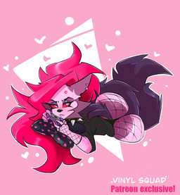 abstract_background anthro big_butt black_clothing black_nose black_shirt black_t-shirt black_tail black_thong black_topwear black_underwear blush blush_lines butt clothing controller cross-popping_vein ear_piercing eyebrows eyelashes eyeshadow female fingerless_gloves fishnet_clothing fishnet_gloves fishnet_handwear frown fur game_controller gloves grey_body grey_fur hair handwear heart_symbol holding_controller holding_game_controller holding_object long_hair looking_at_viewer lying makeup multicolored_body multicolored_fur on_front piercing pillow pink_hair purple_eyeshadow red_sclera shirt solo t-shirt tail text thong topwear two_tone_body two_tone_fur underwear white_body white_eyes white_fur vinyl_squad hellaverse helluva_boss mythology loona_(helluva_boss) canid canid_demon canine demon hellhound mammal mythological_canine mythological_creature 2026 artist_name hi_res