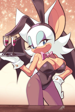 anthro back_wings bat_wings big_breasts big_ears black_bodysuit black_clothing black_nose black_outfit black_skinsuit blue_eyes blue_eyeshadow bodysuit bow_tie breasts bunny_costume bunny_headband cleavage clothed clothing container costume cup drinking_glass eyelashes eyeshadow female female_anthro furniture glass glass_container glass_cup glistening glistening_body glistening_nose glistening_skin gloves gradient_background handwear leggings legwear looking_at_viewer makeup membrane_(anatomy) membranous_wings navel_outline playboy_bunny pointy_ears prick_ears server_tray simple_background skinsuit smile smiling_at_viewer solo sparkles stockings table tan_body tan_skin tight_clothing tray white_head wine_glass wings wood wood_furniture wood_table nan0lovesyou sega sonic_the_hedgehog_(series) rouge_the_bat bat mammal 2025 absurd_res hi_res