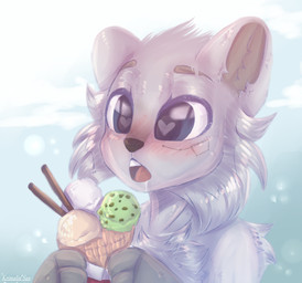 black_nose blush cheek_tuft constellation_markings creme_brulee_ice_cream dessert facial_tuft food fur gradient_hair grey_body grey_fur hair heart_eyes heart_symbol holding_food holding_ice_cream holding_ice_cream_cone holding_object ice_cream ice_cream_cone male mint_chocolate_chip open_mouth solo tuft vanilla_ice_cream white_body white_fur krimalin_san lun_(lunerman) bear humanoid mammal polar_bear ursine absurd_res hi_res