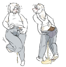 accident ambiguous_anthro ambiguous_gender anthro blush bodily_fluids bottomwear butt clothing denim denim_bottomwear denim_clothing desperation embarrassed feces feces_blowout feces_pile front_view genital_fluids jeans leaking pants peeing pooping rear_view scatplay shirt simple_background soiled soiling soiling_pants solo standing tank_top topwear urine urine_on_self urine_stream watersports wet wet_bottomwear wet_clothing wet_pants wetting wetting_bottomwear white_background goldenhammer goldie_(goldenhammer) canid canine canis domestic_dog mammal 2023 hi_res