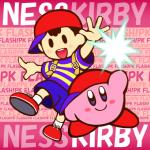 black_hair blush clothing duo footwear hair hat headgear headwear male not_furry open_mouth pattern_clothing pattern_shirt pattern_topwear shirt smile striped_clothing striped_shirt striped_topwear stripes text topwear ハナサキ earthbound_(series) kirby_(series) nintendo super_smash_bros. kirby ness human mammal waddling_head 1:1 crossover english_text