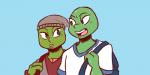 anthro backpack blue_background blue_eyes clothed clothing duo green_eyes hat headgear headwear heterochromia markings mole_(marking) open_mouth open_smile shell simple_background smile inkyfrog teenage_mutant_ninja_turtles fan_character reptile scalie turtle 2019 2:1