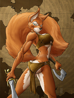 anthro axe big_tail biped bottomwear breasts brown_body brown_fur butt clothed clothing female fluffy fluffy_tail fur green_eyes grin half-closed_eyes holding_object holding_weapon loincloth long_tail looking_at_viewer map melee_weapon multicolored_body multicolored_fur muscular muscular_anthro muscular_female narrowed_eyes pose seductive skimpy smile smirk solo standing sword tail tan_body tan_fur tribal two_tone_body two_tone_fur weapon mitchdlg mammal rodent sciurid tree_squirrel distracting_watermark watermark