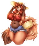 anthro apple basket big_breasts breasts brown_hair clothing container female food fruit hair hat headgear headwear huge_breasts looking_at_viewer plant solo thick_thighs missmixi ailurid mammal red_panda absurd_res hi_res