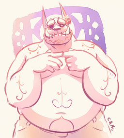 belly big_belly black_sclera bottomwear clothed clothing front_view huge_belly humanoid_pointy_ears looking_at_viewer male male_humanoid markings moobs mouth_closed navel obese obese_humanoid obese_male one_eye_closed overweight overweight_humanoid overweight_male pants pink_body pink_skin pointy_ears simple_background solo standing topless yellow_eyes chocolateandmilk vincent_(chocolate-beverage) humanoid 2016 dated hi_res signature
