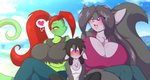 anthro blush breast_squish breasts cleavage clothed clothing female fur grey_body grey_fur group hair long_hair male male/female purple_eyes red_hair shirt squish topwear torn_clothing under_boob yellow_eyes mastergodai abigail_nimev shaze shazetta