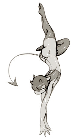 anthro bulge butt clothing crop_top hair half-closed_eyes horn leggings legwear male mouthless narrowed_eyes not_furry not_furry_focus raised_leg shirt solo spade_tail tail topwear underwear shyguy9 pith demon imp hi_res monochrome