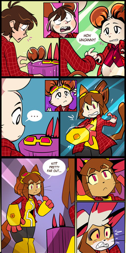breasts brown_hair clenched_teeth collar eyewear eyewear_on_head fake_mouse_ears fur gender_transformation glasses goggles goggles_on_head growth hair human_to_anthro looking_at_reflection male mirror mtf_transformation open_mouth plaid simple_background solo species_transformation surprised tail tail_growth teeth transformation whiskers la-frugele gameoverse glitch_productions mina_the_hollower yacht_club_games kit_bodega mina_(mina_the_hollower) domestic_cat felid feline felis human mammal mouse murid murine rodent 2026 absurd_res comic digital_media_(artwork) hi_res