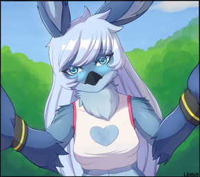 anthro arm_markings beak blue_body blue_eyes blue_fur blush bracelet breasts caressing caressing_face cleavage_cutout clothing collarbone crop_top cutout detailed_background eye_contact eyebrow_through_hair eyebrows faceless female first_person_view fur fur_markings hair heart_symbol hug inner_ear_fluff jewelry long_hair looking_at_another markings neck_tuft offscreen_character outside romantic romantic_couple shirt shoulder_markings small_breasts smile solo topwear translucent translucent_hair tuft white_hair vinael terena_(axel0527) avian bird hybrid lagomorph leporid mammal rabbit absurd_res digital_media_(artwork) hi_res