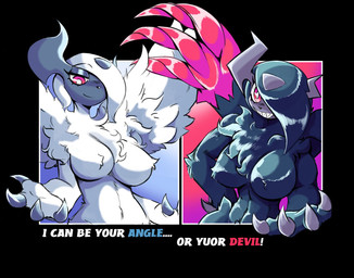 anthro anthrofied big_breasts black_nose breasts chest_tuft claws duo eyelashes featureless_breasts female front_view fur grey_body grey_claws grey_fur grey_hair grey_horn hair hair_over_eye horn looking_at_viewer navel pokemorph red_eyes short_hair text tuft white_body white_fur white_hair noirchaton4 nintendo pokemon pokemon_legends_z-a generation_6_pokemon generation_9_pokemon mega_absol mega_absol_z mega_evolution pokemon_(species) hi_res