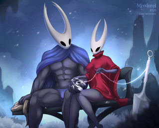 anthro bench bottomwear breasts cloak clothed clothing duo female healing male melee_weapon muscular muscular_male pants silk snow sword weapon winter wounded misslorel hollow_knight:_silksong hollow_knight_(franchise) team_cherry hornet_(hollow_knight) the_knight_(hollow_knight) arachnid arthropod insect spider hi_res
