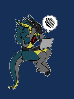 3_toes 4_fingers anthro claws computer digitigrade electronics fangs feet fingers fluffy flustered fur green_body green_fur grey_body grey_fur laptop male paws red_eyes screen screen_face sitting solo tail tapering_tail teeth thick_tail toes yellow_body yellow_fur rtf-m brom_(sahurus) mantled_beast 3:4 alpha_channel hi_res