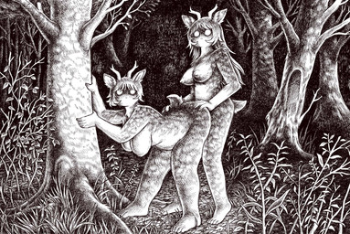 5_fingers 5_toes ambiguous_penetration anthro antlers areola bent_over big_breasts breasts butt butt_grab caught_in_the_act creepy duo feet female female/female fingers forest from_behind_position hand_on_butt hanging_breasts horn leaning_against_tree looking_at_viewer mouthless nature nature_background night nipples nude nude_anthro ominous outside outside_sex penetration plant plantigrade pupils scut_tail sex short_tail slightly_chubby tail three-quarter_view toes tree white_eyes white_pupils wide_eyed hotchickhell deer mammal hi_res monochrome shaded