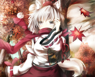 armwear bottomwear clothing covered_mouth covering covering_mouth covering_own_mouth covering_self detached_sleeves detailed_background female forest grey_eyes grey_hair hair hat headgear headwear looking_at_viewer nature outside plant red_scarf scarf shirt short_hair skirt solo topwear tree wind wolf_tail umagenzin touhou momiji_inubashiri animal_humanoid canid canid_humanoid canine canine_humanoid canis humanoid mammal mammal_humanoid wolf wolf_humanoid