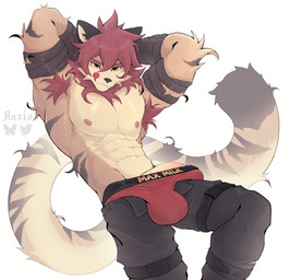 abs anthro arm_tuft armpit_hair balls_outline bandage bandaged_arm bedroom_eyes big_penis black_bottomwear black_clothing black_pants body_hair bottomwear bulge clothed clothing detailed_bulge elbow_tuft fur genital_outline genitals hair hands_behind_head inner_ear_fluff licking licking_lips long_tail male mane markings messy_hair muscular muscular_anthro muscular_male narrowed_eyes nipples open_bottomwear open_clothing open_pants pants pecs penis penis_poking_out presenting presenting_penis red_body red_clothing red_fur red_hair red_underwear seductive shirtless_anthro shirtless_male simple_background sitting solo striped_body striped_markings striped_tail stripes tail tail_markings tan_body tan_fur text text_on_clothing text_on_underwear tongue tongue_out tuft underwear white_background rozokami felid hybrid liger mammal pantherine 2026 absurd_res english_text hi_res watermark