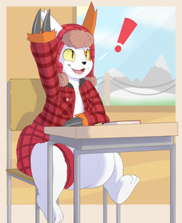 against_desk against_furniture against_surface ambiguous_gender anthro biped book chair classroom claws clean_diaper clothed clothing desk diaper diaper_fetish front_view furniture hat headgear headwear inside on_chair raised_arm school sitting smile solo table teeth wearing_diaper bunnykisses nintendo pokemon generation_3_pokemon pokemon_(species) zangoose hi_res